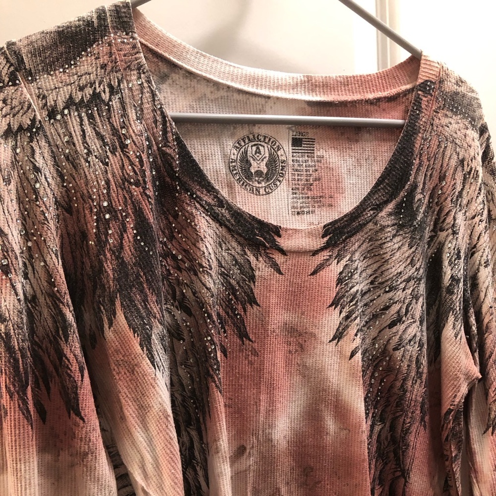 L VTG Affliction Pink Marbled Embellished Thermal Top